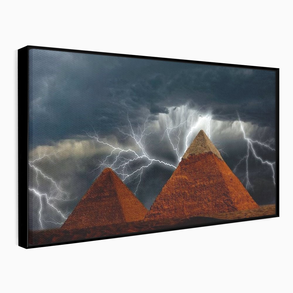 Tablou canvas cu ilustratie cu piramide si fulgere, in rama de aluminiu negru